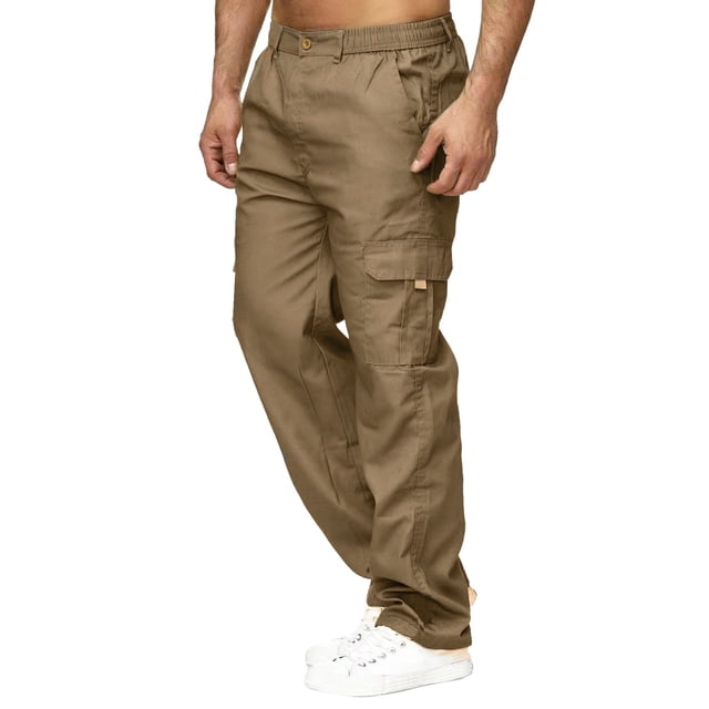 Pantalon Décontracté Homme Male Versatile All Season Cargo Pants Multi Pocket Zip Button Hem Solid Color Plus Size Trousers Men's Pants Coffee S