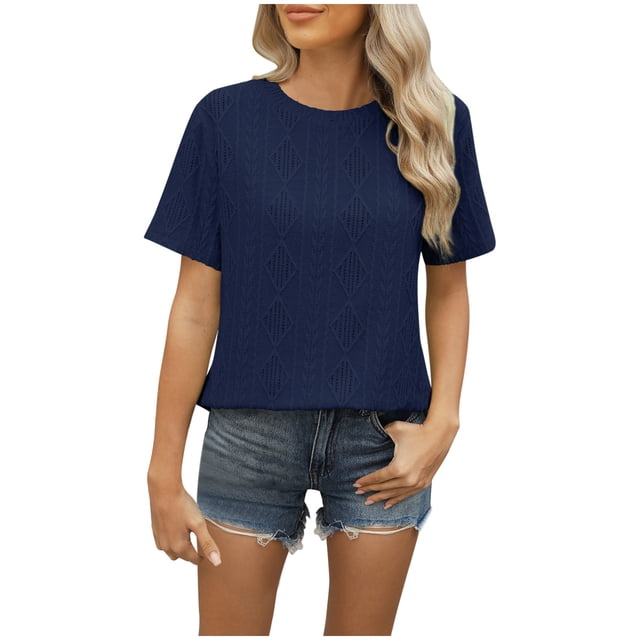 Besolor Hauts d'Été pour Femmes Chemises Décontractées à Col Rond Manches Courtes Bouton Arrière Blouses Texturées en Crochet