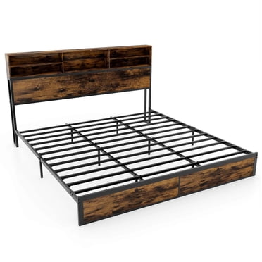 Costway King Bed Frame with Charging Station Storage Headboard Under-bed Storage Space