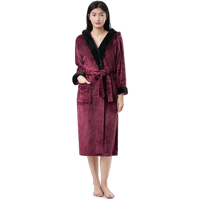 Sunny Forrest mid-calf Vineyard Charm Hooded Robe - Wine with Black Trim (CA/US, Alpha, Large, X-Large, Regular, Regular, WINE/BLACK)