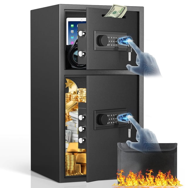 6.0 Cub Extra Large Biometric Home Safe Box by Kavey, designed for home security and anti-theft protection. Features include fingerprint and electronic lock, backlit keypad, dual alarm system, and a fireproof waterproof bag. Made of alloy metal, it measures 25.59 x 13.8 x 13.8 inches. The dual-door safe has a drop slot for cash deposits, internal LED lighting, and soft velvet lining for valuables like jewelry, firearms, and documents.