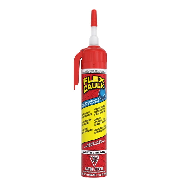 Flex Calfeutrage, Silicone, Scellant Imperméable et Résistant aux Intempéries, Résistant, Intérieur, Extérieur, Bain, Cuisine, Douche, Évier, Fenêtre, Plinthes, Porte, VR, Toit, Bois, Verre, Carreaux, Marin, Blanc, 6,5 oz