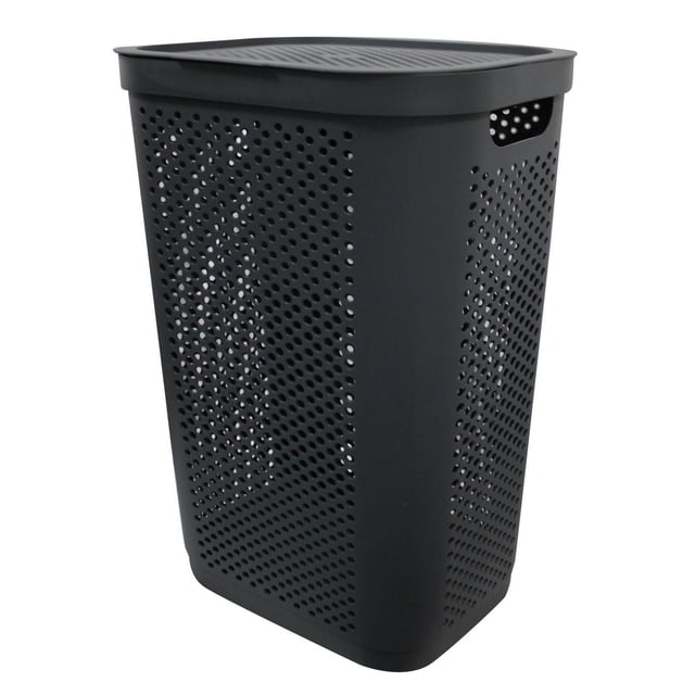 Modern Homes 60L Laundry Hamper Grey with perforated plastic sides and fitted lid, shown in a front 3/4 view, featuring built-in handles for easy carrying, ideal for laundry room storage and organization, and suitable for general household storage.