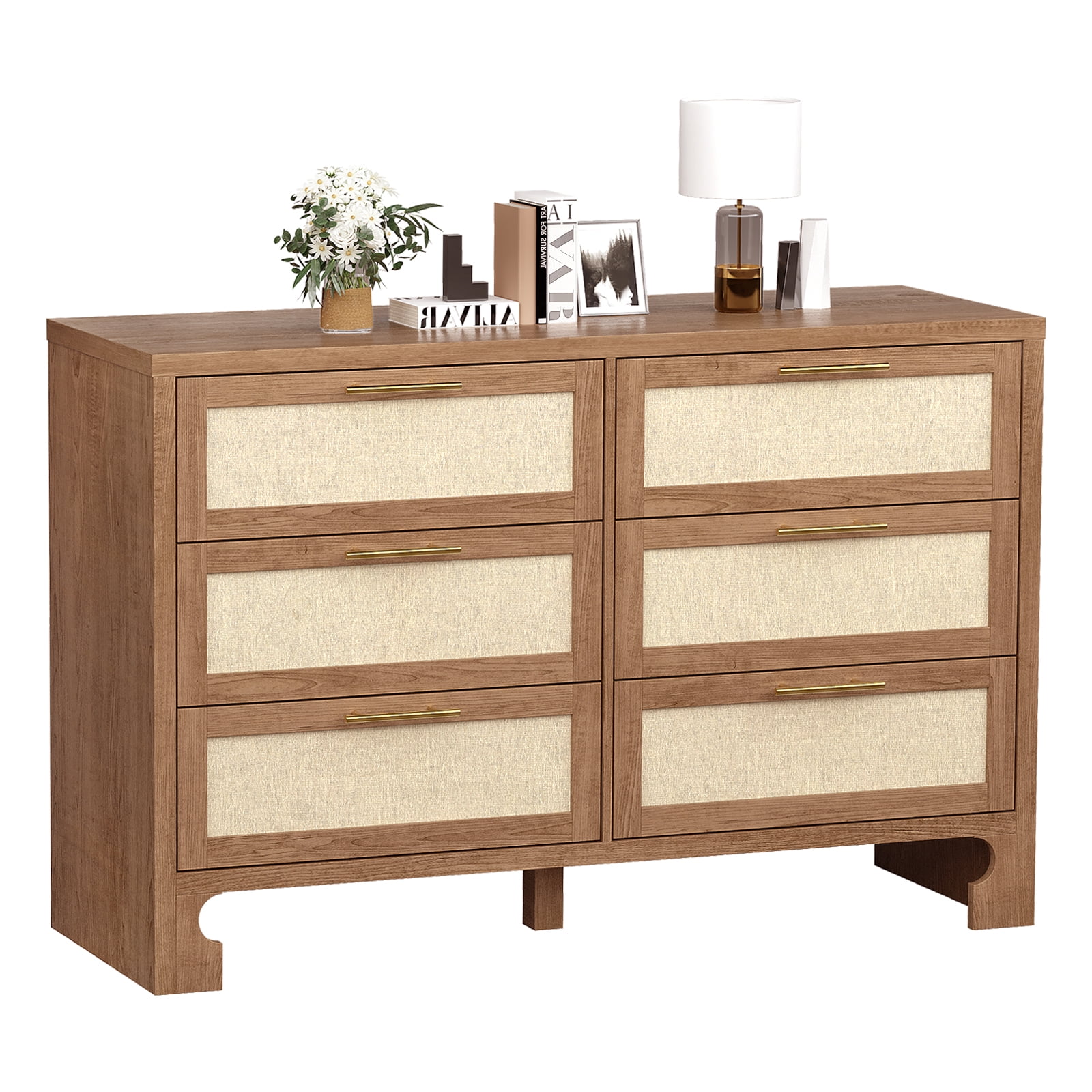 Modern Wooden 6-Drawer Dresser for Bedroom – Burlap Design, Golden Handles, Large Storage, Anti-Tipping Device – Ideal for Closet, Living Room, Hallway, Nursery, Caramel Finish – Six Drawers Chest