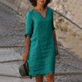 thumbnail image 2 of 2025 et Robe en Lin à Manches Courtes à Boutons devant Vacances Semi-Décontractée Robe d'Été Petite pour Femmes Robe Mini à Col en V Robe Trapèze Été Femmes Couleur Unie Femmes, 2 of 7