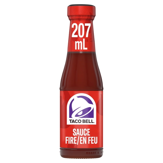 Taco Bell Fire Sauce 207 mL bottle with a red label showing the Taco Bell purple bell logo and white text 'Sauce Fire/En Feu', front-facing on white background. This hot sauce made with jalapeno peppers and chili peppers adds heat to tacos, burritos, and Mexican dishes.