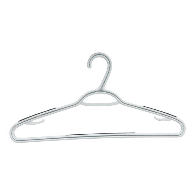 Mainstays adult non-slip TPR plastic hanger in white and grey with slim plastic frame, non-slip TPE strips on shoulders and bar, extra bar and small hooks for hanging pants, camisoles, ties, and scarves, suitable for space-saving closet organization.