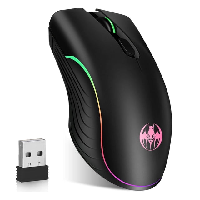 APPIE M06 Wireless Gaming Mouse with a black ergonomic design, rainbow RGB backlit lights, and 6 silent buttons. Features adjustable DPI levels, USB 2.4GHz wireless connectivity, and a rechargeable 500mAh battery. Compatible with PC, laptop, desktop, Chromebook, and Mac, ideal for gaming and everyday use.
