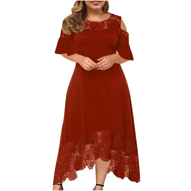 CHUANK Summer Plus Size Maxi Dresses For Wedding Guest Lace Stitching Dress Cold Shoulder Long Dresses Short Sleeve