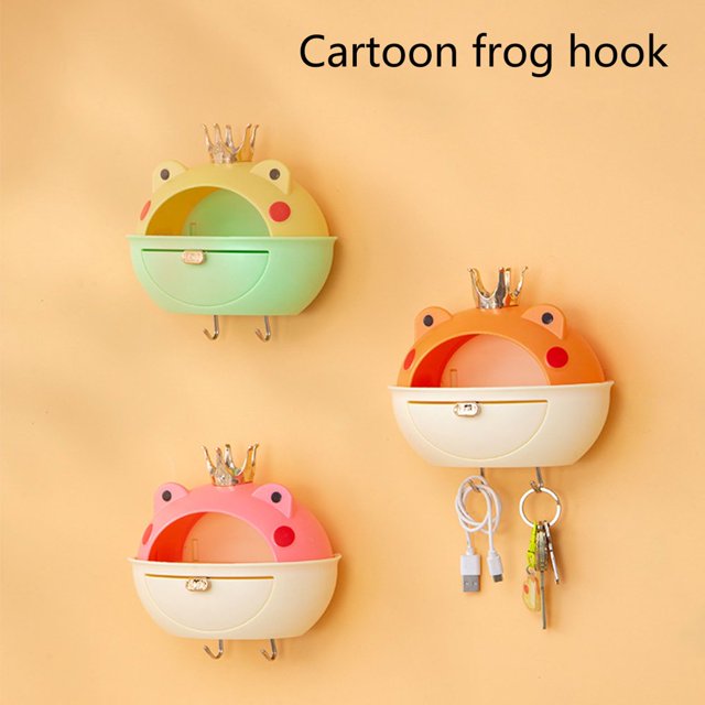 Waterproof Storage Hook Punch-free Cartoon Frog Shape Multifunctional Anti-slip Storage Hooks Drawer Design Great Load Bearing Wall Storage Box for Household Supplies