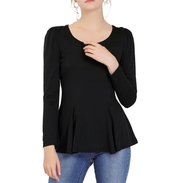 INSPIRE CHIC Women's Tops Long Sleeves Scoop Neck Casual Peplum Chic Shirt XL Black