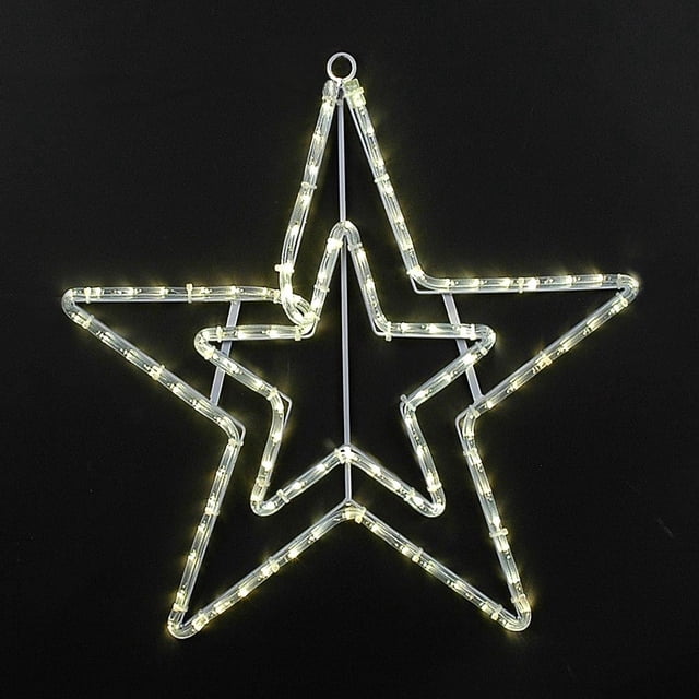 Novelty Lights LED Warm White Star Rope Light Motif Sculpture, featuring a 20-inch large double star design with vibrant warm white LED rope lights. Constructed with UV-protected crystal clear PVC tubing and LEDs spaced 1 inch apart, mounted on a durable powder-coated aluminum frame. Includes a 5-foot power cord and hanging ring for easy installation. Suitable for indoor and outdoor use, ideal for Christmas, Easter, or year-round decoration.