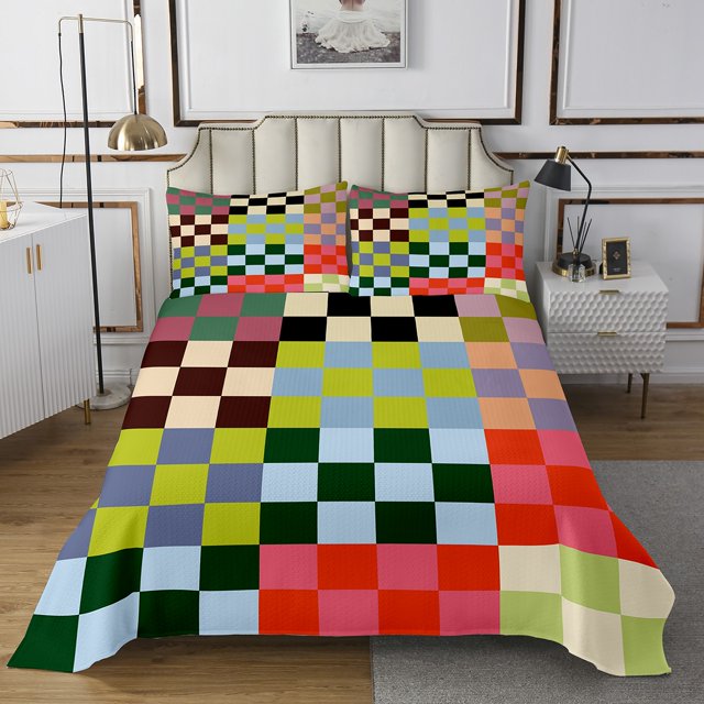 Erosebridal Checkered Gingham Coverlet Set Twin, Rectangle Geometry Bedding Set, Teens 2pcs