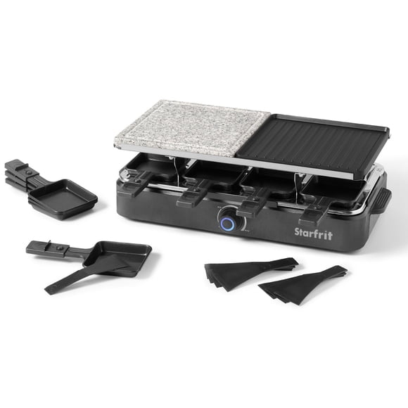 Starfrit Gril Raclette de Fête pour 8 Personnes - Aluminium Moulé sous Pression 2-en-1 et Pierre de Cuisson - Gril/plaque de Cuisson Réversible - Température Réglable - 8 Spatules et Moule Antiadhésifs