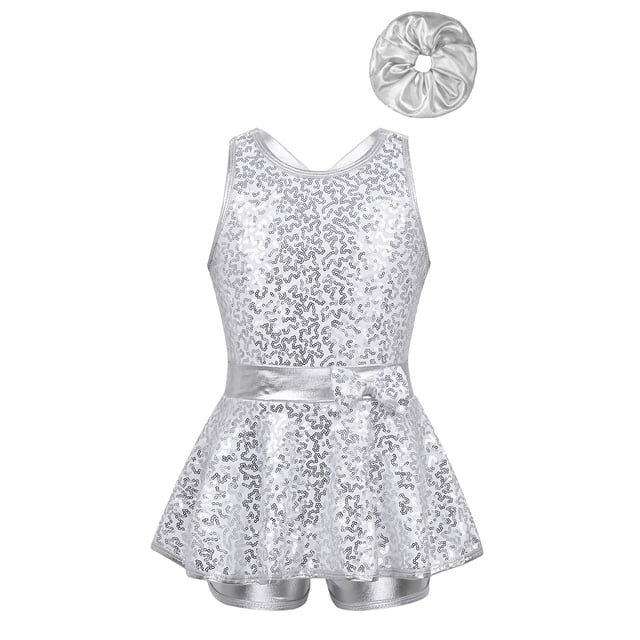 TSSOE Robe de Danse Moderne Jazz Ballet à Paillettes pour Filles avec Bandeau Costume de Performance Dos Croisé Justaucorps Bandeau Argenté 16