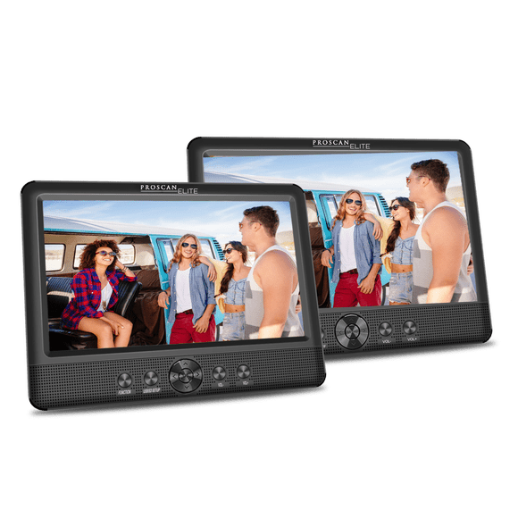 Proscan 10” 480p Dual Screen Portable DVD Player, USB and SD Card Playback, Car Headrest DVD Player, AV Output, Headphone Jack, AC and Car Adapters, Mount Straps Included