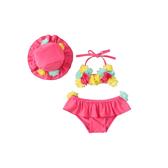 Gupgi Infant Girl 2 Piece Bathing Suit Flower Halter Neck Swim Tops Ruffle Shorts Sun Hat