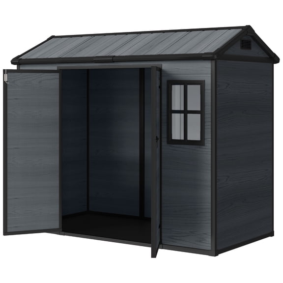 CoSoTower Remise de Jardin en Résine 8 x 4 Pi, Remise de Rangement Extérieure Effet Bois avec Plancher, Fenêtres, Portes Verrouillables et Évents, Gris Foncé