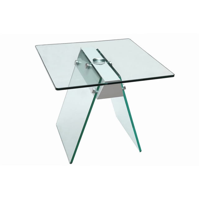 Canadian Wills End Table White with clear tempered glass square top and angled glass legs joined by high gloss white wood supports, shown in a front-facing view on a white background, suitable as a modern living room side or accent table.