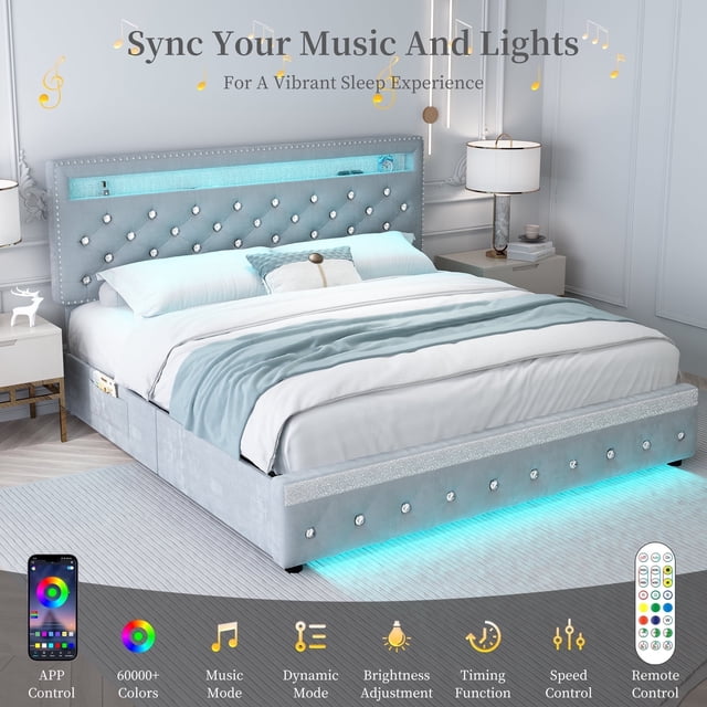 SIBEDS Soft Velvet Grey LED Bed Frame with Adjustable Headboard and 2 Drawers Pockets, Queen. This modern bed frame features a soft grey velvet finish, a tufted adjustable headboard with a built-in shelf, and customizable LED lighting that syncs with music. It includes two storage drawers and side pockets for added functionality. The lighting can be controlled via a remote or smartphone app, offering over 60,000 colour options and multiple modes. The sturdy platform design ensures durability and support. Shown in a contemporary bedroom setting with matching decor.