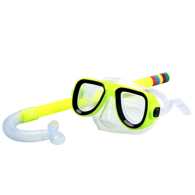 Kids Snorkel Set, Kids Swimming Goggles, Diving Mask for Children featuring a bright yellow and black diving mask with a clear silicone strap and a matching yellow snorkel with colourful accents. Made from eco-friendly PVC and silicone, this set is designed for children aged 3-9 years, providing facial protection and a breathing tube for underwater activities. Ideal for swimming and snorkeling, it ensures safety and comfort for young users.