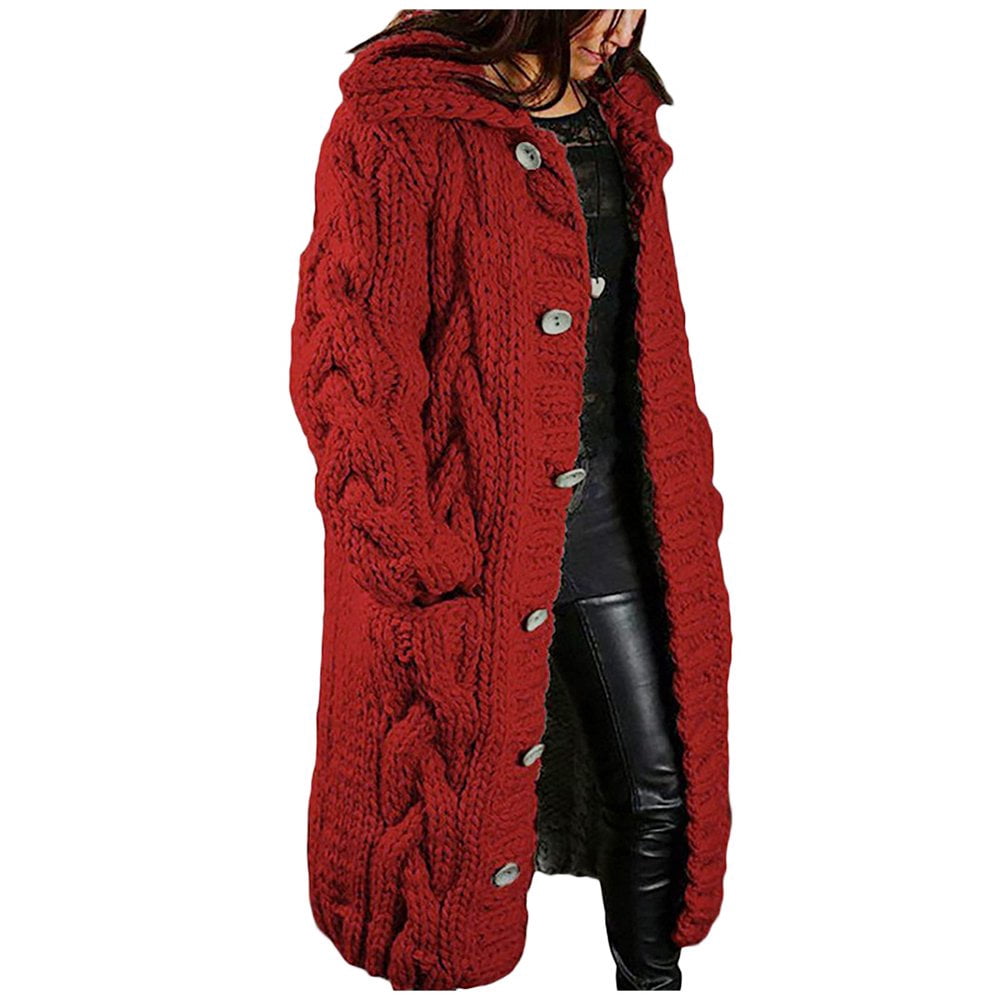Women‘s Long Large Classic Cardigans Cable Knit Hood Sweater Oversized Button Duster Coat with Pocket 2024