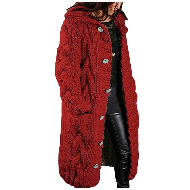 Women‘s Long Large Classic Cardigans Cable Knit Hood Sweater Oversized Button Duster Coat with Pocket 2024