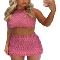 thumbnail image 2 of Ensemble 2 Pcs Sans Manches Bodycon Tricoté pour Femmes Haut Court Col Halter + Jupes Courtes Mode Urbaine, 2 of 7