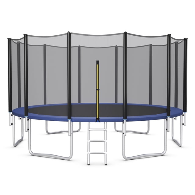 Patiojoy 16ft trampoline with safety enclosure net and spring pad jumping mat. Features a durable galvanized steel frame, a 3-step ladder for easy access, and a wear-resistant jumping mat supported by 90 strong springs for enhanced elasticity. The trampoline includes a 6ft tall enclosure net for safety and wide leg frames for stability. Suitable for children aged 6 years and older, with a weight capacity of 330 lbs. Overall dimensions are 15ft x 9ft, with a 13.5ft diameter jumping mat and 3ft terrain clearance.