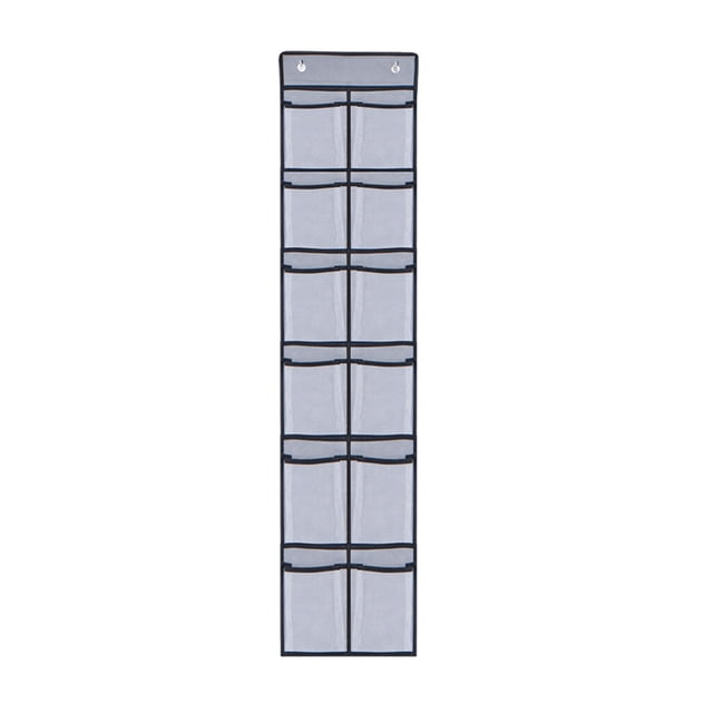 Hanging Closet Organizers and Storage Over the Door Shoe Rack with 12 large mesh pockets, made of sturdy non-woven fabric in grey. Ideal for closet organization and storage solutions, it measures 146x32cm and includes two metal hooks for easy installation on doors or walls. Suitable for shoes, clothes, towels, and other items.