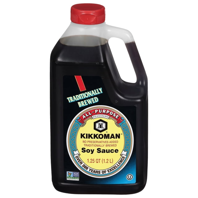 Kikkoman Soy Sauce in a 1.25 quart (1.2 L) black plastic jug with a red screw cap, featuring a label that states traditionally brewed all-purpose seasoning, non-GMO verified, suitable for Asian, Mediterranean, and Caribbean cuisine.