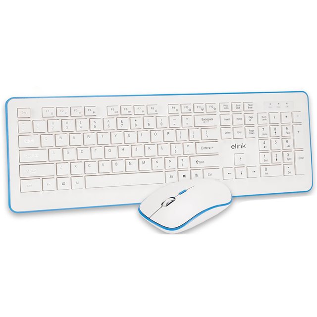 Elink KBR630 - Ensemble Clavier et Souris Sans Fil Blanc, Comprenant un Clavier à 105 Touches avec 12 Touches Multimédias et une Souris Sans Fil Assortie. l'Ensemble Fonctionne sur une Connectivité Sans Fil 2,4 GHz avec un Récepteur nano pour une Connexion stable. les Deux Appareils Sont Rechargeables et Compatibles avec Mac OS et Windows. le Clavier et la Souris Ont un design Blanc Épuré avec des accents Bleus, Idéal pour les Installations Informatiques Modernes.