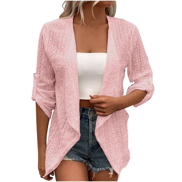 Mrat Womens Cropped Cardigan Color Casual Cardigan Plus Size Cardigan for Women High Low Hem Draped Duster Loose Duster Cardigans Llong Sleeve Button Blouse Coat Tops Long Tunic Tops Pink XL