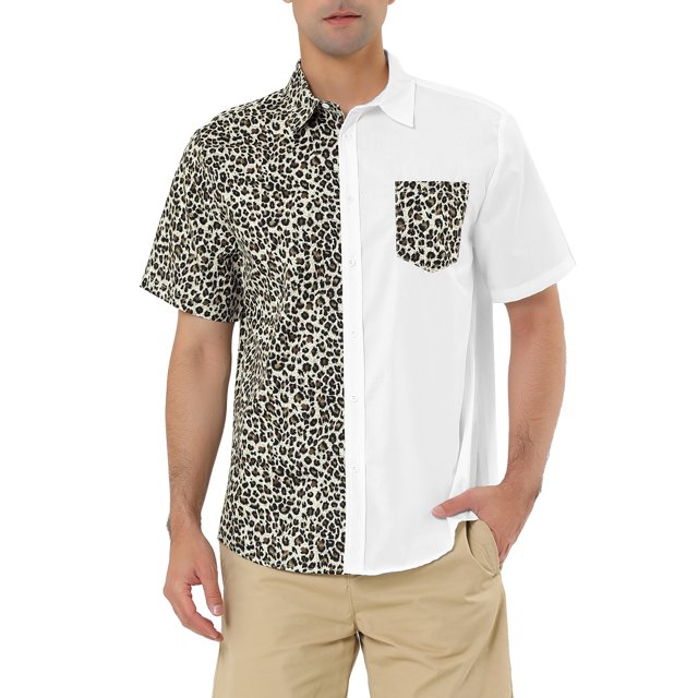 Unique Bargains Men's Shirts Short Sleeve Summer Cotton Patchwork Button Down Shirts Leopard Print 2XL