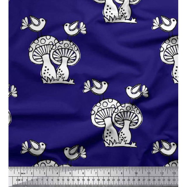 Soimoi Poly Georgette Fabric Bird & Mushroom Block Print Sewing Fabric Yard 42 Inch Wide