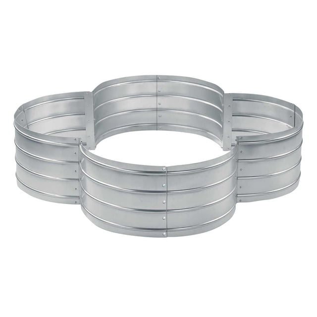 Grapevine galvanized steel raised garden bed, 4 leaf, silver, shaped like four connected circles forming a flower-like planter with horizontal ridges and rivets, open bottom design for direct garden installation, easy to assemble, suitable for growing vegetables, herbs, and flowers.