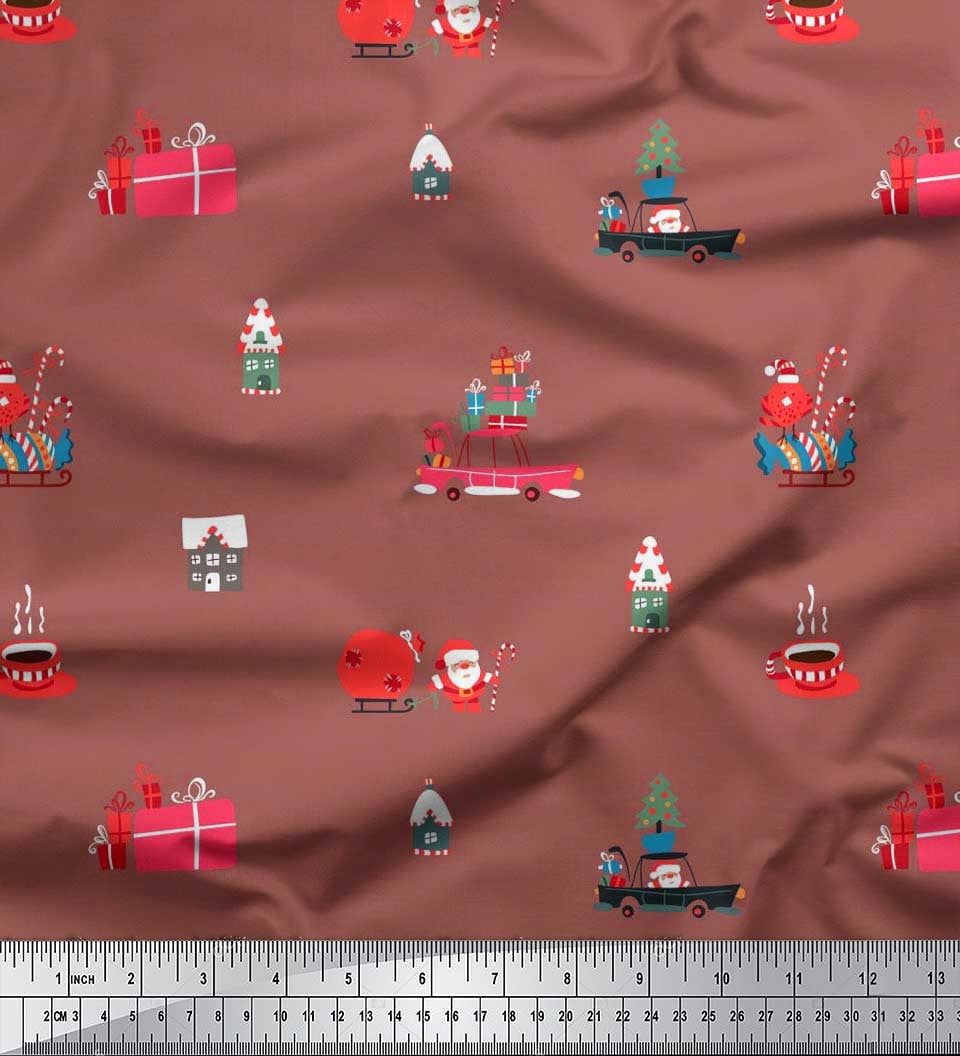 Soimoi Velvet Fabric House,Gift Box & Santa Christmas Decor Fabric Printed Yard 58 Inch Wide