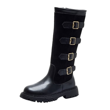 Gubotare Little Girl Boots Mid Calf Girls Kids Boots Lace Up Side Zipper Combat Boots Faux Leather Motorcycle Riding Boot Lug Sole Low Heel Shoes Size 13 (Black,Little Kids 13)