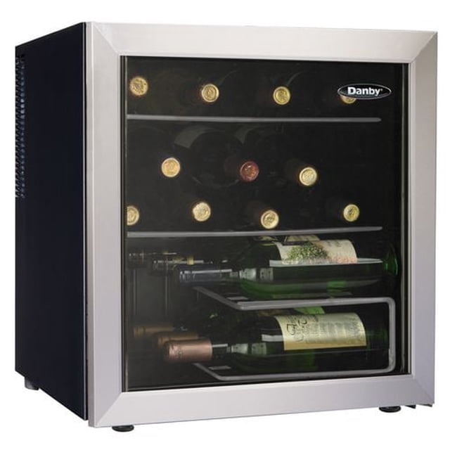 Danby 17 Bottle Wine Cooler with a compact black cabinet and platinum door trim, glass door showing 12 wine bottles on two vinyl-coated wire shelves and one staggered shelf, designed for countertop use with temperature control from 6°C to 14°C, suitable for kitchens or bars.