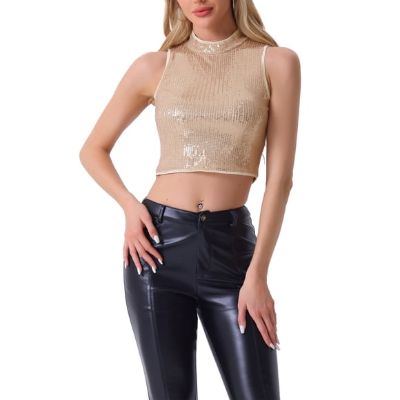 INSPIRE CHIC Metallic Crop Top for Women's Sleeveless Christmas Sparkly Sequin Tops L Rose Gold