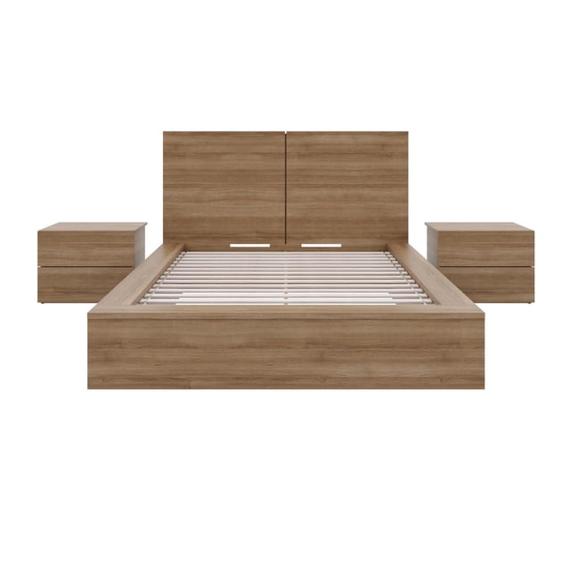 James 4-Piece Bedroom Set with Bed, Headboard and 2 Nightstands featuring a light wood platform bed with slatted base and minimalist rectangular headboard, accompanied by two matching 2-drawer nightstands with wide tops for bedside storage, ideal for modern bedroom settings.