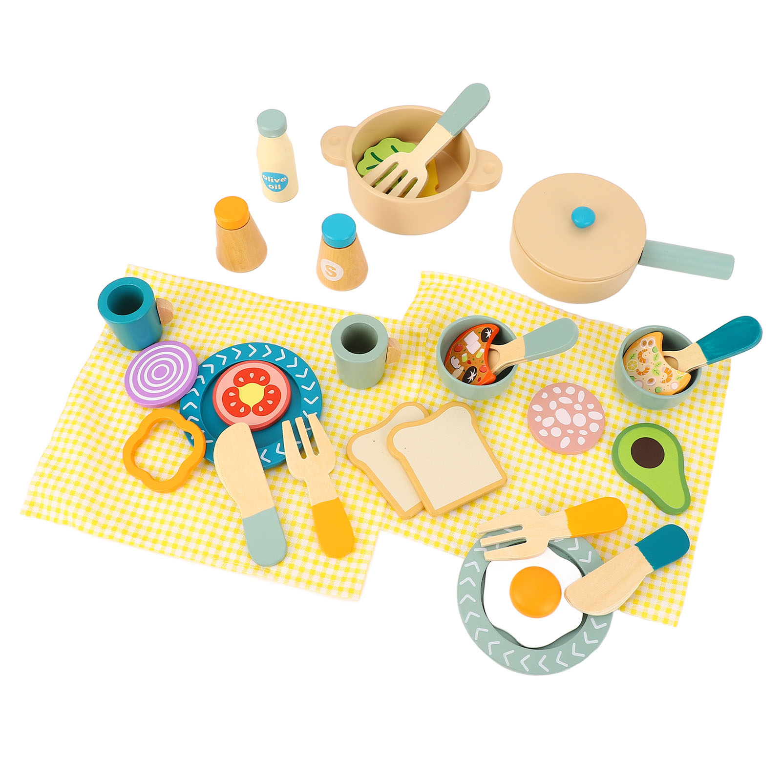 Wooden Play Food Set,  Wooden Kitchen Utensils Play Set Bright Color Safe  for Kids