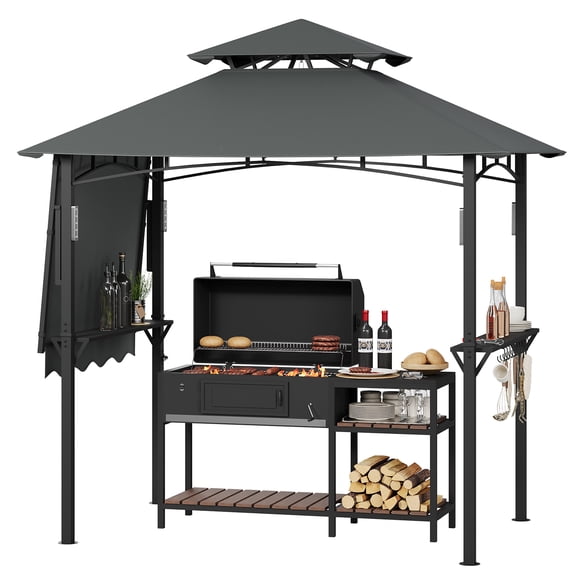 Gazebo de Gril à Deux Niveaux Robuste – Auvent de BBQ avec Cadre en Acier 8 X 5 Pi et Auvents Latéraux, 2 Tablettes, 10 Crochets, Ouvre-Bouteille, 4 Lumières DEL – Abri de Patio Extérieur pour Cour Arrière, Terrasse, Jardin – Gris