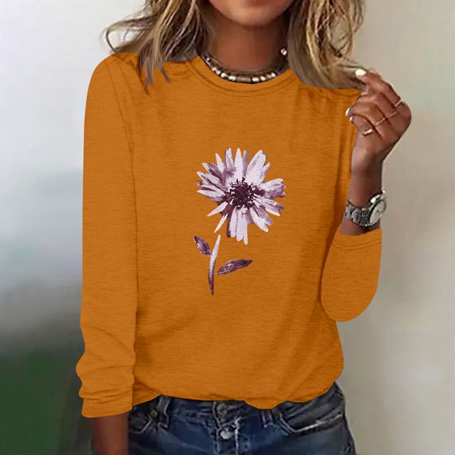 EQWLJWE Chandails à Manches Longues pour Femmes T-Shirt d'Été Mode T-Shirt de Printemps pour Femmes à Manches Longues Imprimé Col Rond T-Shirt Décontracté Hauts Vêtements d'Automne pour Femmes