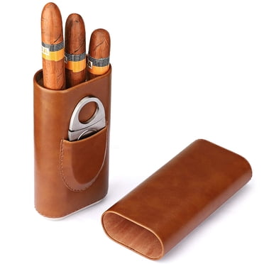 3 Finger Leather Cigar Case, Cedar Wood Lined Cigar Humidor with Silver Stainless Steel Cigar Scissors Brown