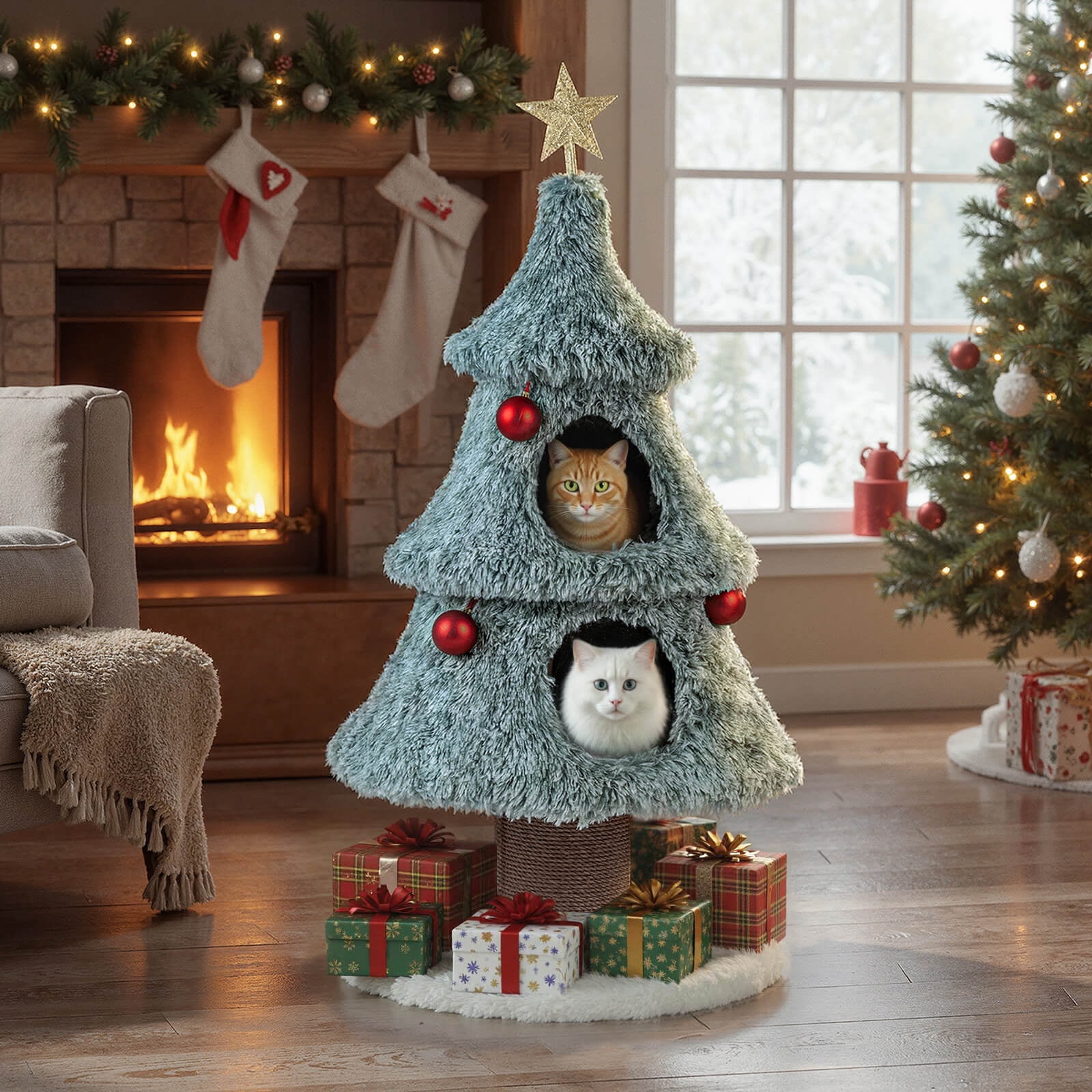 Costway 48.5" Christmas Cat Tree for Indoor Cats with 2 Large Condos, Scratching Post