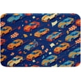 thumbnail image 1 of Cartoon Race Car Bathroom Rugs for Boys Car Racing Car Entryway Rug Cool Sports Car Bath Mat, Navy Blue Chessboard Flag Bathroom Accessories Buffalo Plaid Pattern Non Slip Bath Rug 20"X32", 1 of 6