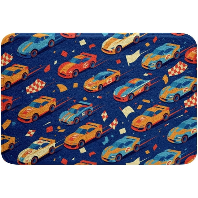 Cartoon Race Car Bathroom Rugs for Boys Car Racing Car Entryway Rug Cool Sports Car Bath Mat, Navy Blue Chessboard Flag Bathroom Accessories Buffalo Plaid Pattern Non Slip Bath Rug 20"X32"