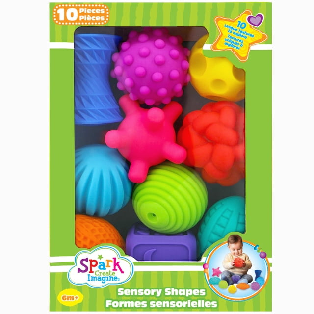 Spark Create Imagine Formes Sensorielles 10 Pcs pour l'Exploration Tactile et la Motricité Fine 6+ Mois, Comprenant 10 Balles Souples et Texturées aux Couleurs Vives et aux Formes Variées comme à Picots, Nervurées et Bosselées, Conçues pour Stimuler le Développement Sensoriel des Nourrissons, Emballées dans une Boîte Verte avec Texte Bilingue Anglais et Français.