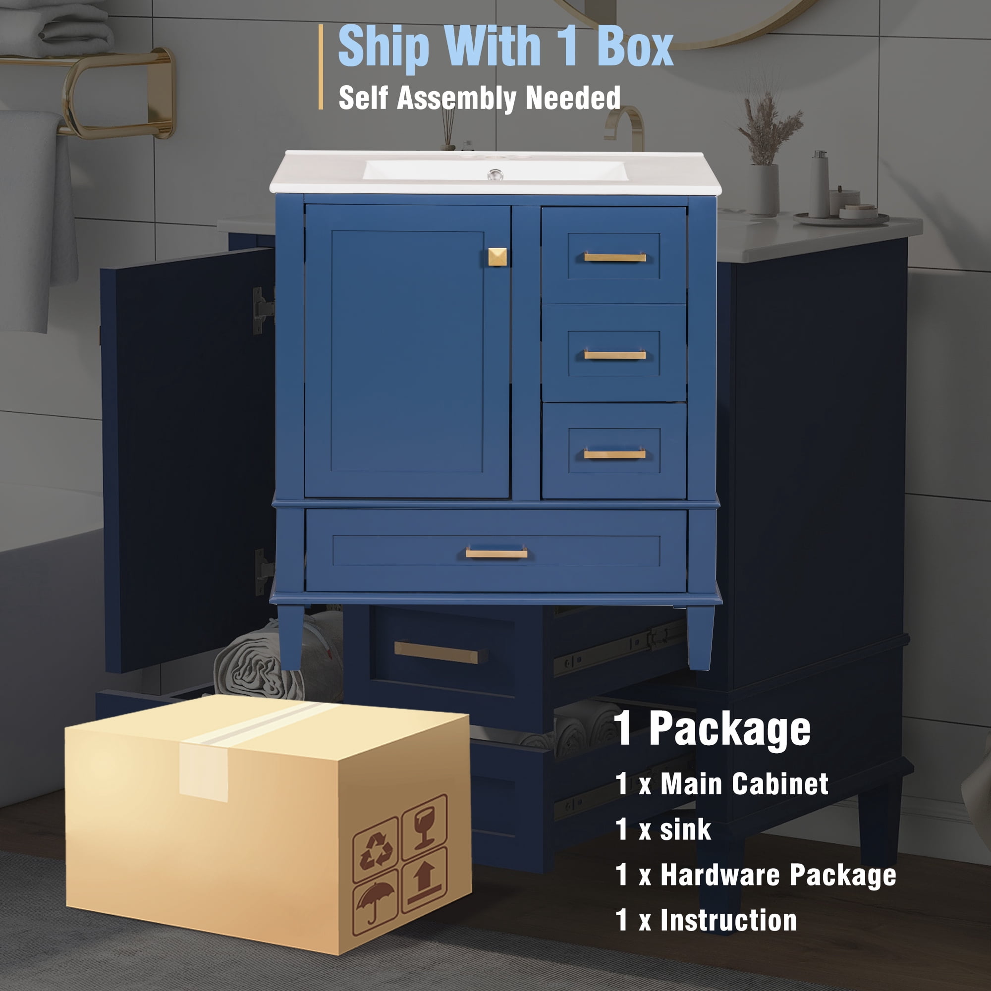 Homy Casa 30 Inch Modern Blue Bathroom Vanity Cabinet Set with Ceramic Basin, Solid Wood Frame, Soft-Close Door & Drawers
